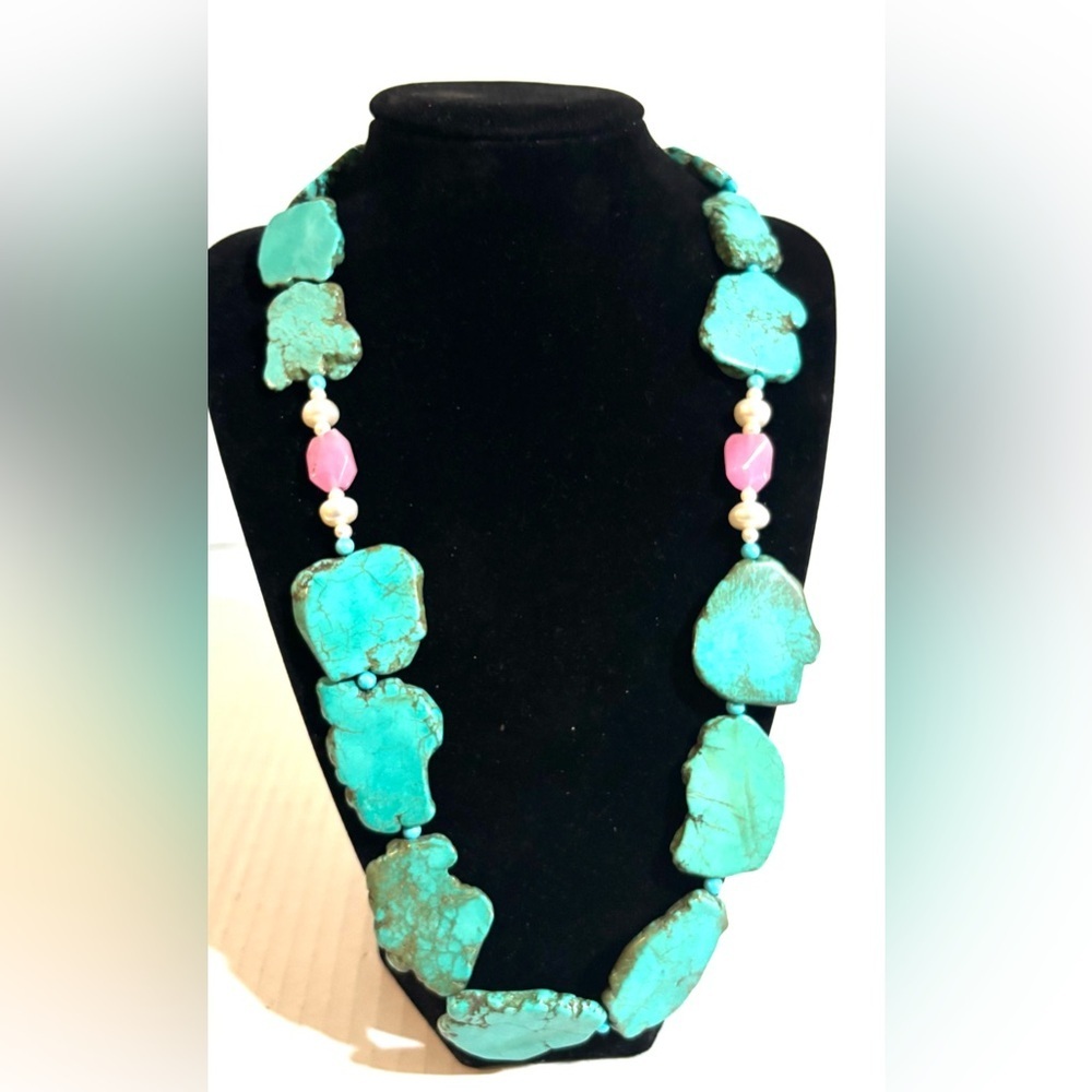 Turquoise Stone Necklace with Pink  pearl Accent Beads